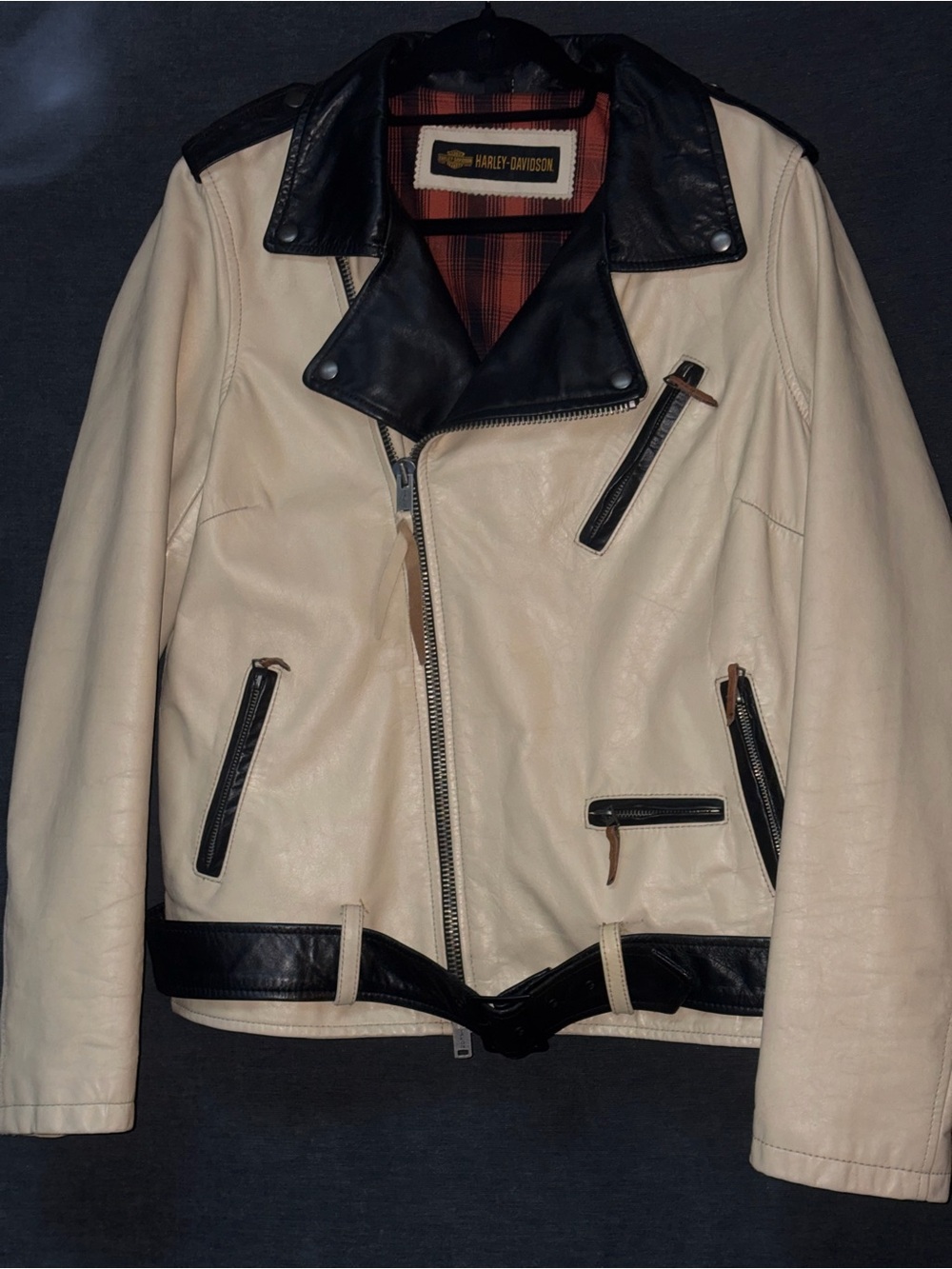 Harley-Davidson Cream and Black Two-Tone Leather Moto Jacket